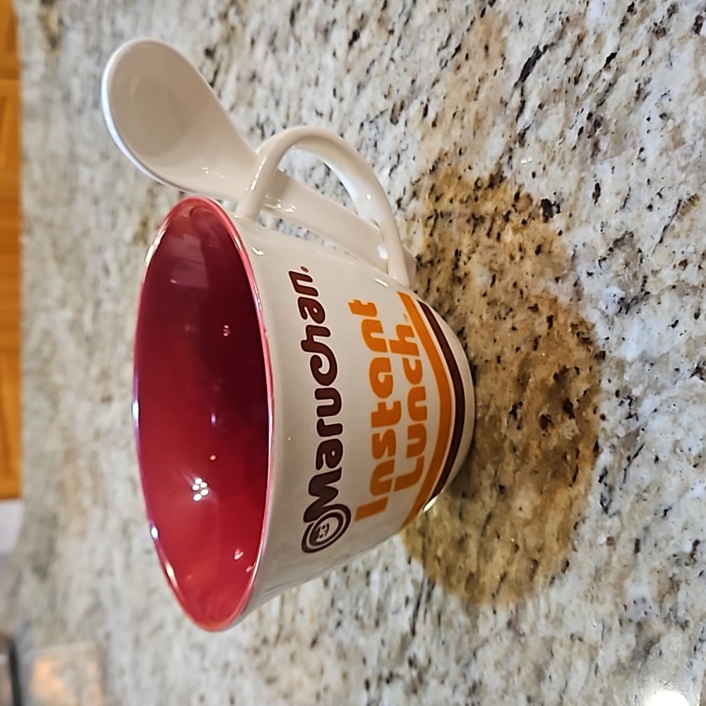 RARE Maruchan Ceramic Ramen Noodle Soup Mug With Spoon  White Burgundy